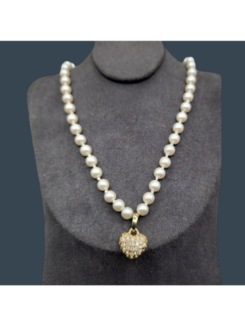 Faux Pearl Rhinestone Heart Pendant Necklace 17" Opalescent Hand Knotted Beads - Picture 2 of 10